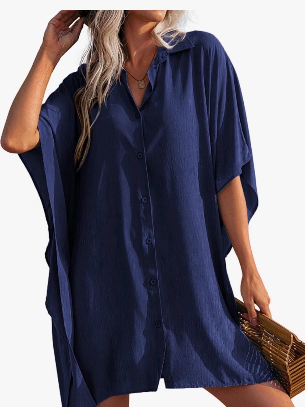 Navy Button-Front Swim Coverup Tunic